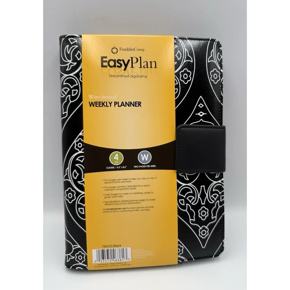 Franklin Covey New Easy Plan Classic Size Weekly Planner Binder Black & White
